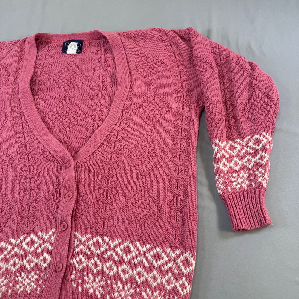 Woolrich Woman Vintage Pink Fair Isle Cotton Cardigan Sweater Made in USA Medium - Picture 10 of 16